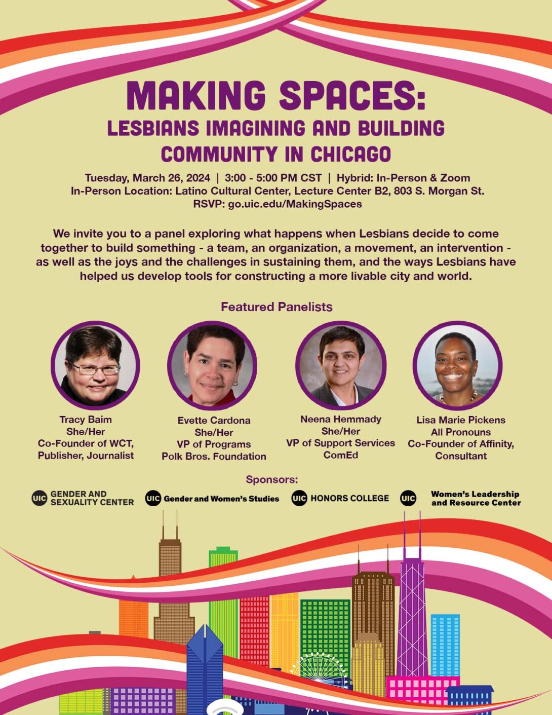 Promotional poster: Purple text on a tan background describing the event (same info on this page). In the center are photos of the featured speakers. At the bottom is the Chicago skyline with buildings in a rainbow of colors. Multicolored swirls are at the top and bottom.
