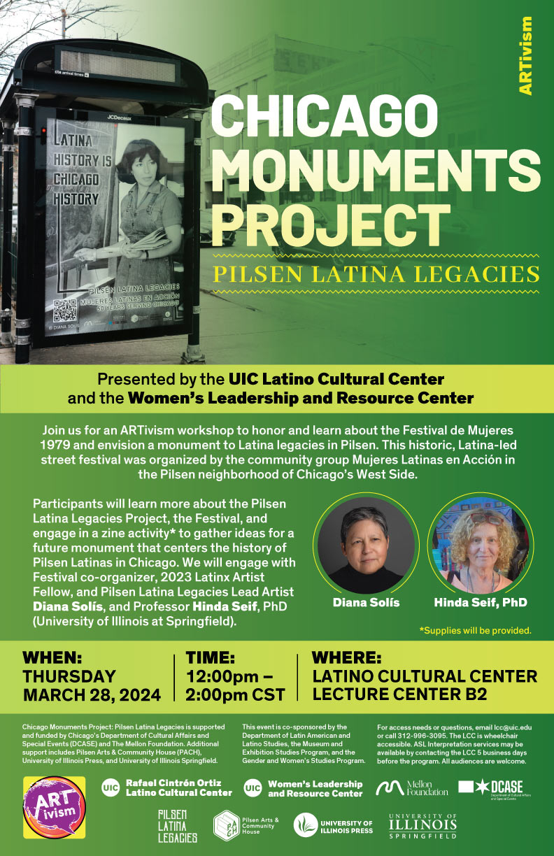 Promotional poster: A Chicago bus stop with a Pilsen Latina Legacies billboard on the side. The billboard features a Latina woman and text reading, 