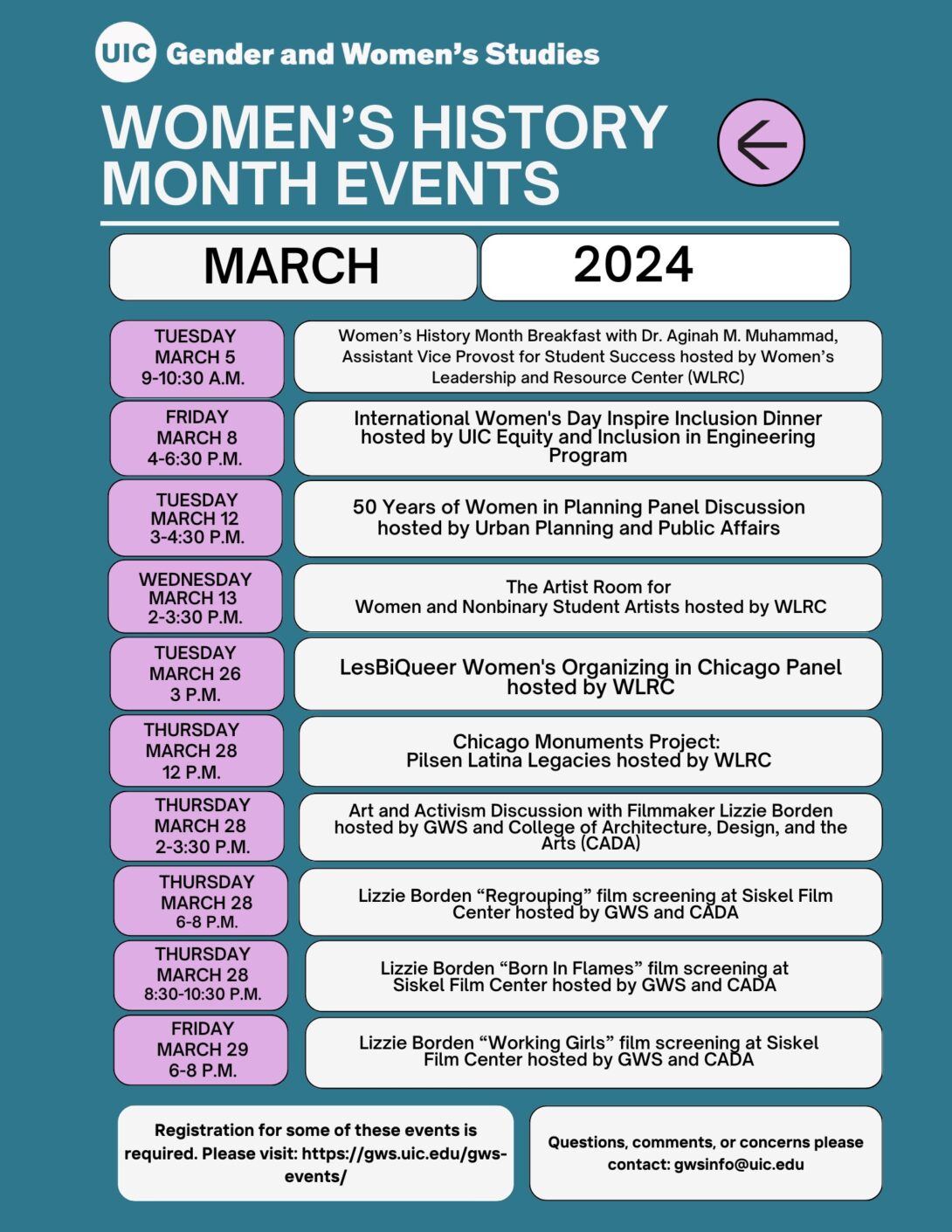 Promotional poster: A calendar listing of UIC Women's History Month events.