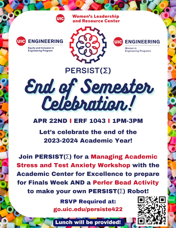 Details about the PERSIST(Σ) End of Semester Celebration (same text on this page) in blue and red text on a white background. Above the title is the PERSIST(Σ) logo, a stylized gear. Around the edges are perler beads in a variety of colors.