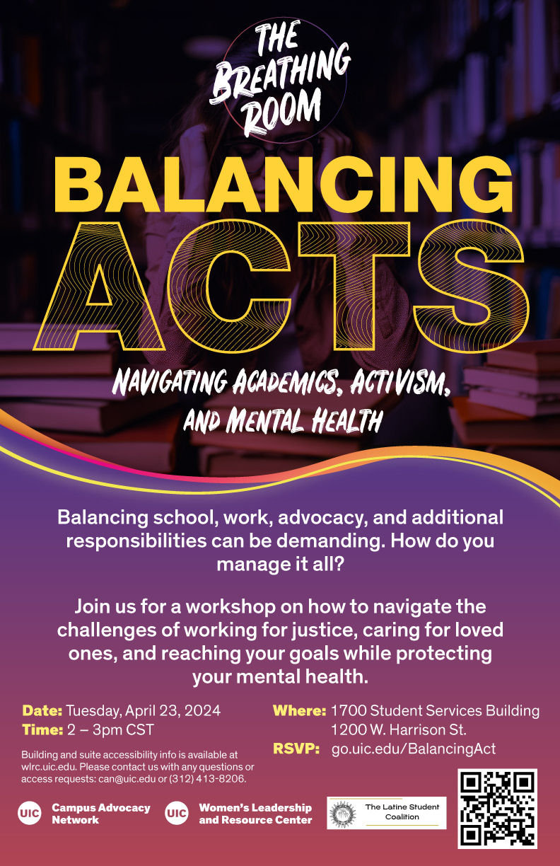Promotional poster: The title of the event in large yellow and white text, with details about the event (same info on this page) below it in white text on a purple background. Behind the text is a stressed out student with their hands on their head, surrounded by books.
