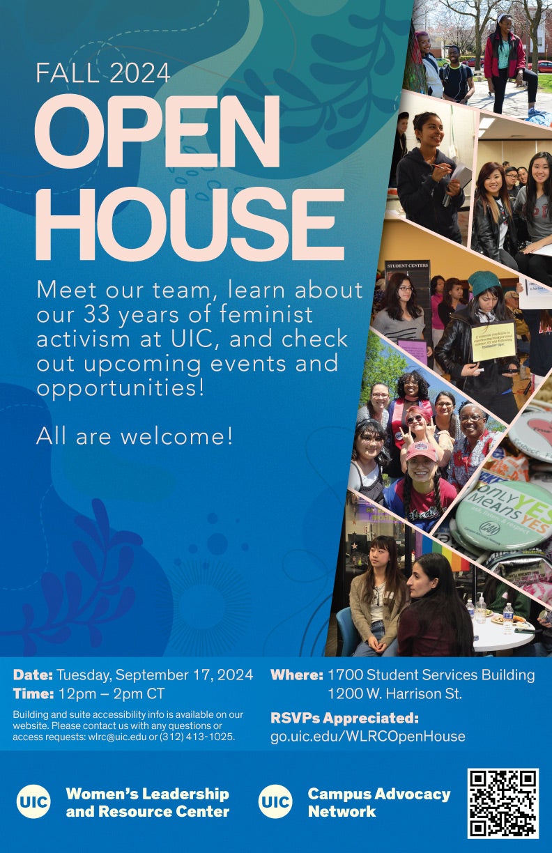 Promotional poster: A collage of photos from events throughout WLRC's history. To its left are details about the WLRC Open House. In the background are branches and shapes washed in a blue-green gradient.