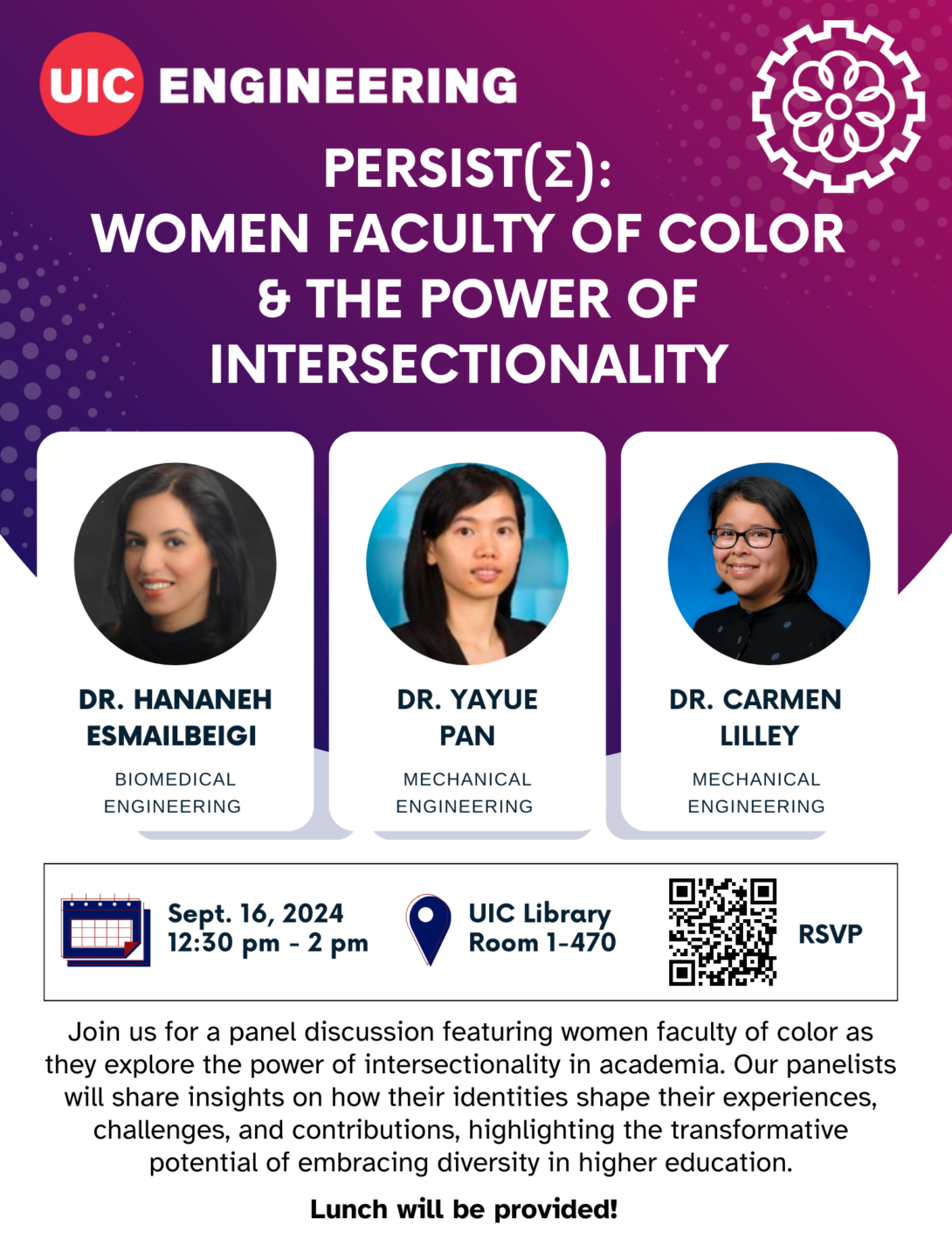 Promotional poster: Photos of 3 women of color faculty members. Above them is white text on a purple background: 