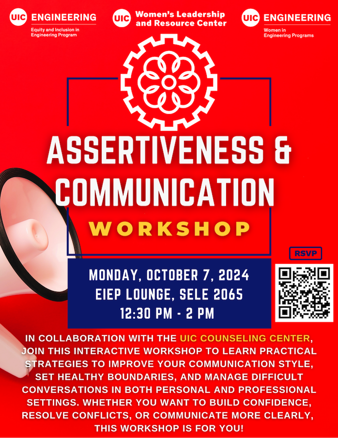 Promotional poster: White text on a red background describing the Assertiveness & Communication Workshop. At the top is the PERSIST(Σ) logo, a stylized gear. At the left is a white bullhorn.