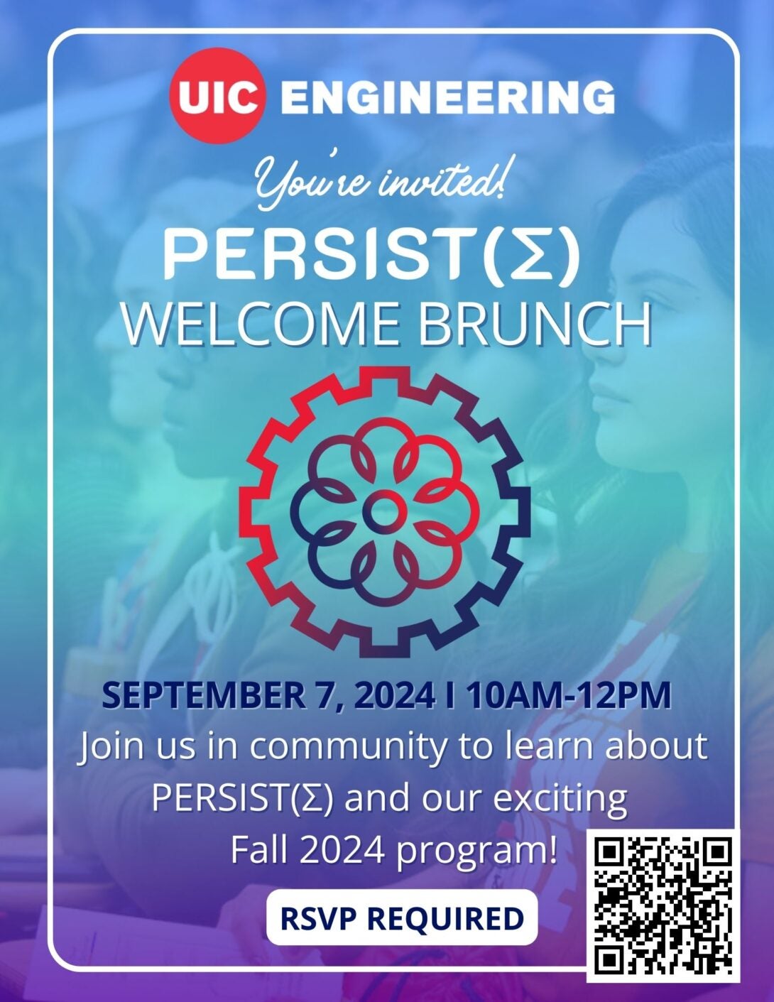 Details about the PERSIST(Σ) Welcome Brunch (same text on this page) in blue and white text on top of a photo of seated students washed in a blue-purple gradient. In the center is the PERSIST(Σ) logo, a stylized gear.