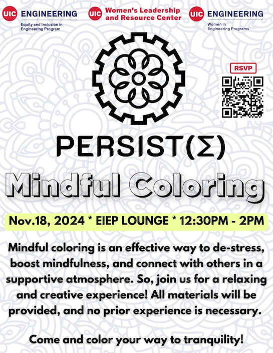 Promotional poster: Black text describing the Mindful Coloring event. In the background is a faded coloring sheet design. At the top is the PERSIST(Σ) logo, a stylized gear with a flower inside it.