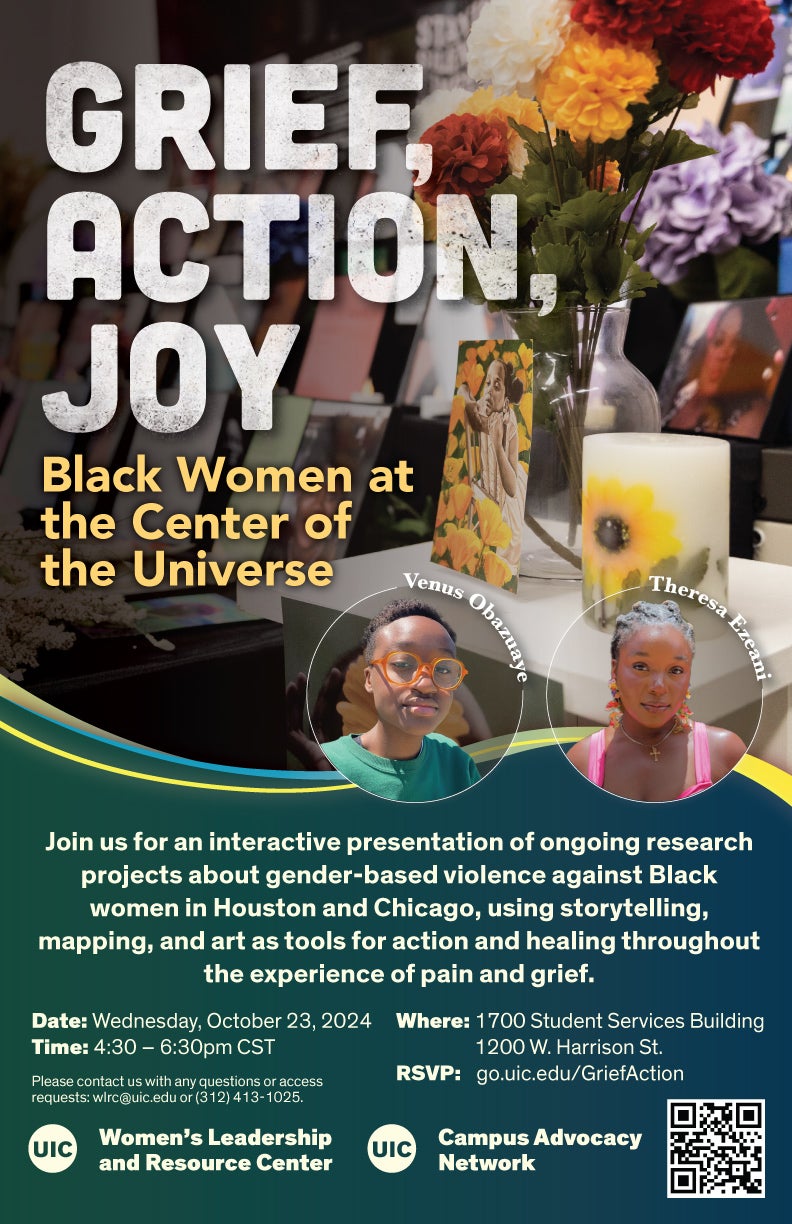 Promotional poster: Headshots of Venus Obazuaye and Theresa Ezeani. Behind them is an altar to murdered Black women, featuring candles and flowers. Around the images is text describing the Grief, Action, Joy event (same info on this page).