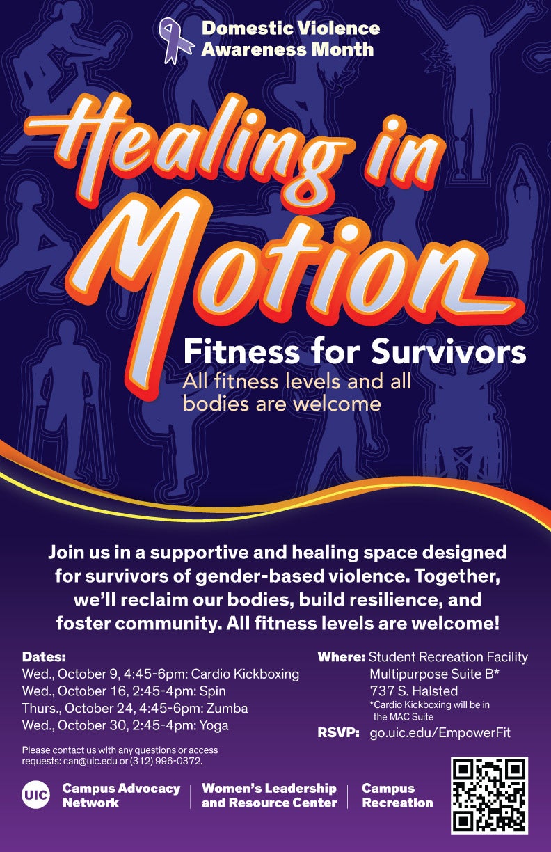 Promotional poster: Dark blue silhouettes of people engaged in various fitness activities. On top of them, in white text outlined in orange, is 