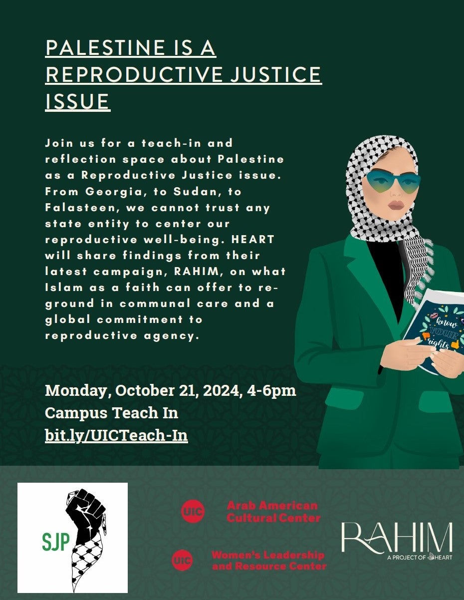 Green flier with white text. Bottom has a different shade green band with logos of organizations. On the right side, there is drawing of a person, wearing a green suit jacket, a kuffiyah hijab, green sunglasses, and holding a booklet with the cover in green and decorative flowers and the words know your rights.