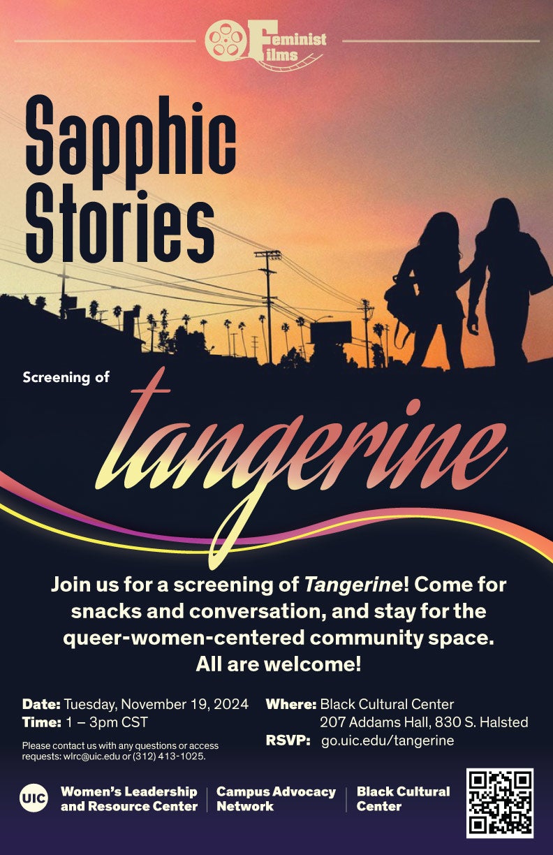 Promotional poster: Black silhouettes of the backs of two women, with palm trees, buildings, a billboard, and telephone poles and wires in the background. To their left and below them is text describing the Sapphic Stories: Screening of Tangerine event.