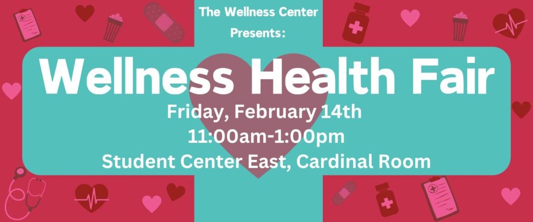 A red heart surrounded by small health-related icons on a red background. In the center, on a teal background, is white text that describes the Wellness Health Fair.