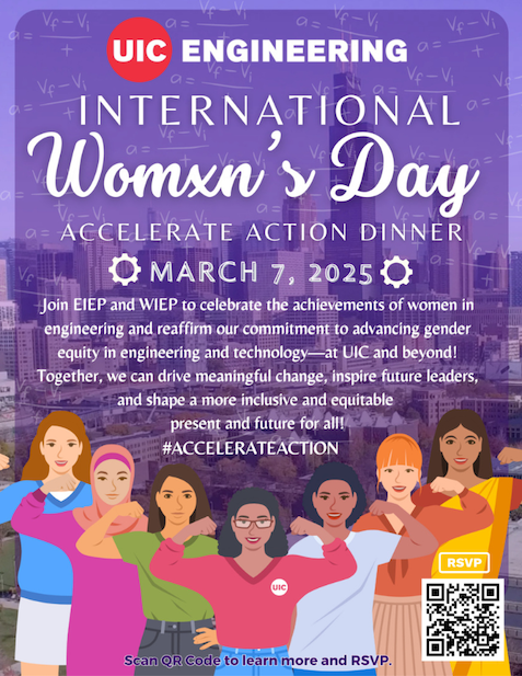 Promotional poster: A group of women flexing their arm muscles. In the background is the Chicago skyline. Above the women is text describing the International Womxn's Day Dinner.