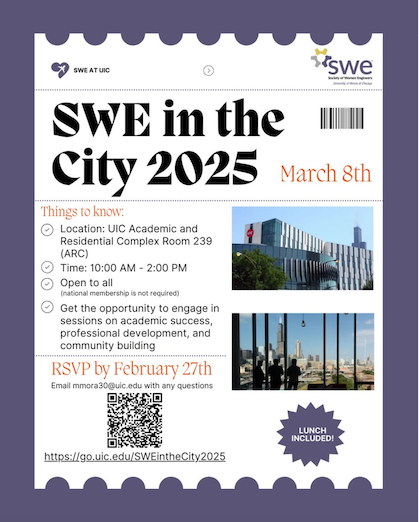 Promotional poster: The Chicago skyline and UIC ARC, surrounded by text describing the SWE in the City 2025 event.