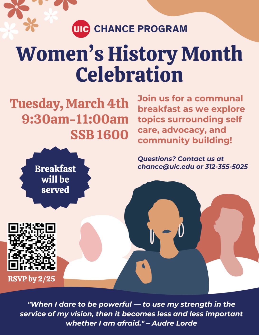 Promotional poster: 3 women standing next to each other, with text describing the CHANCE Women's History Month Celebration above and below them.