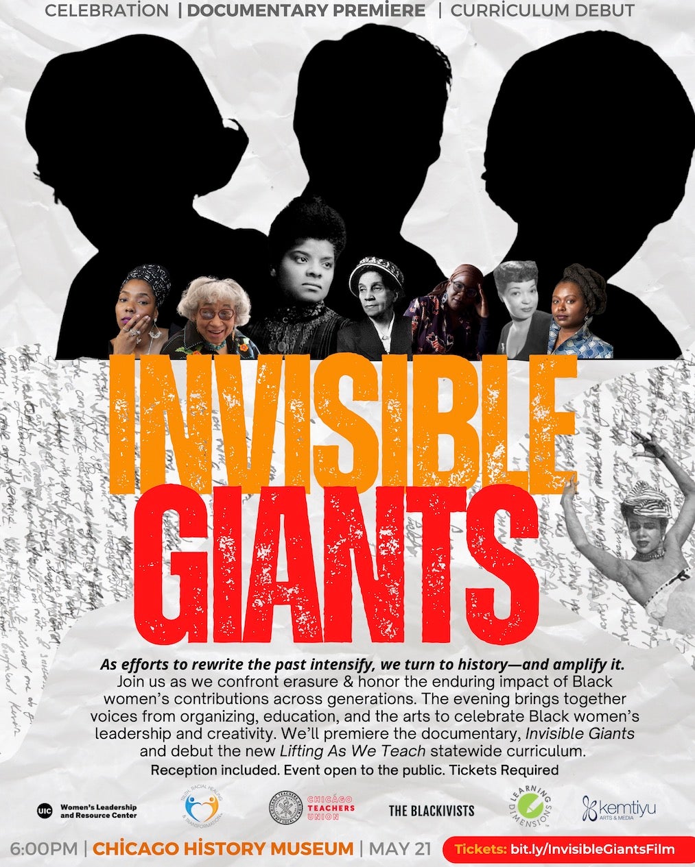 Three black silhouettes with photos of Black women leaders in front of them. Below them is